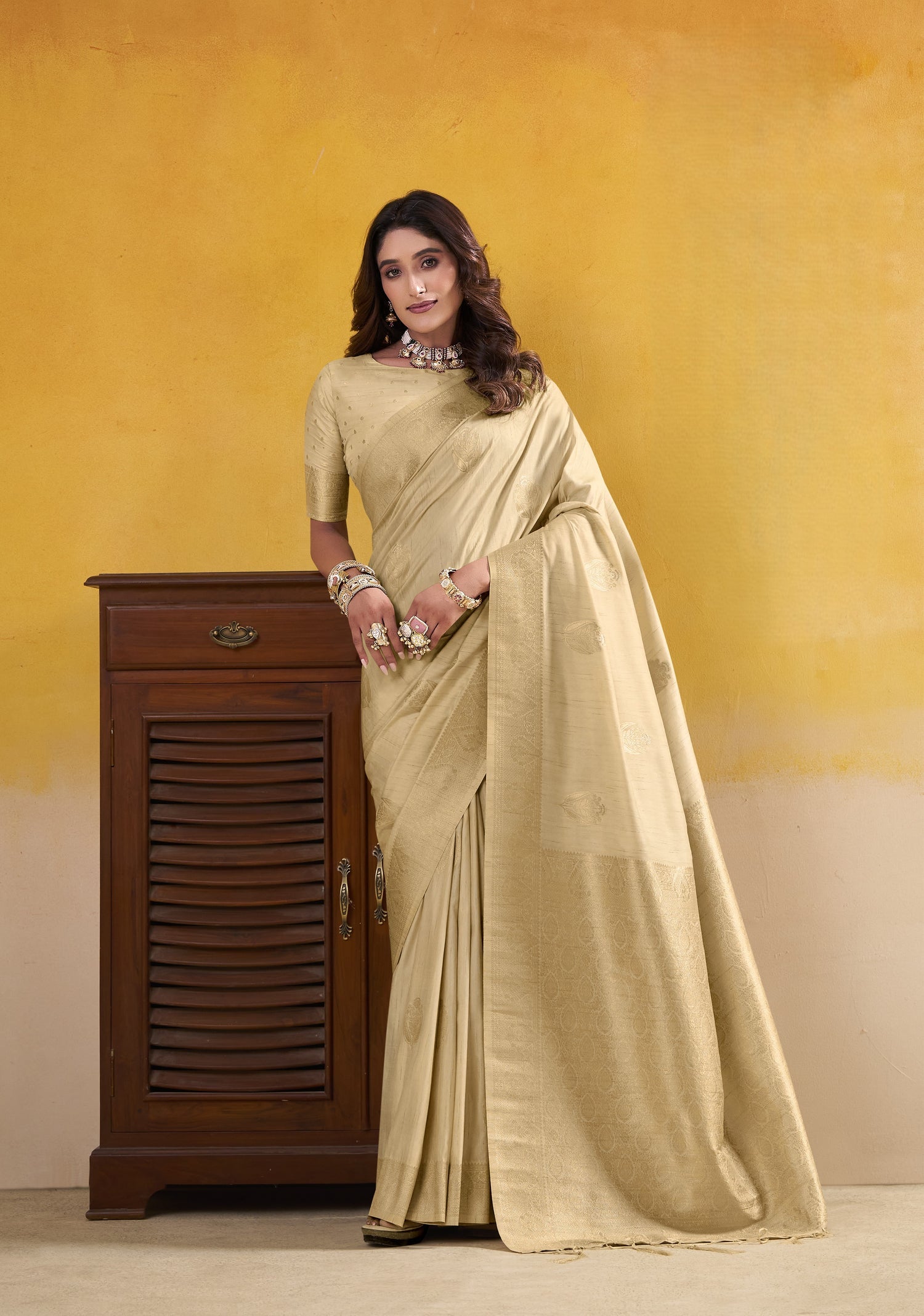 Cream Pure Soft Dhatu Silk Handloom Tussar Silk Saree