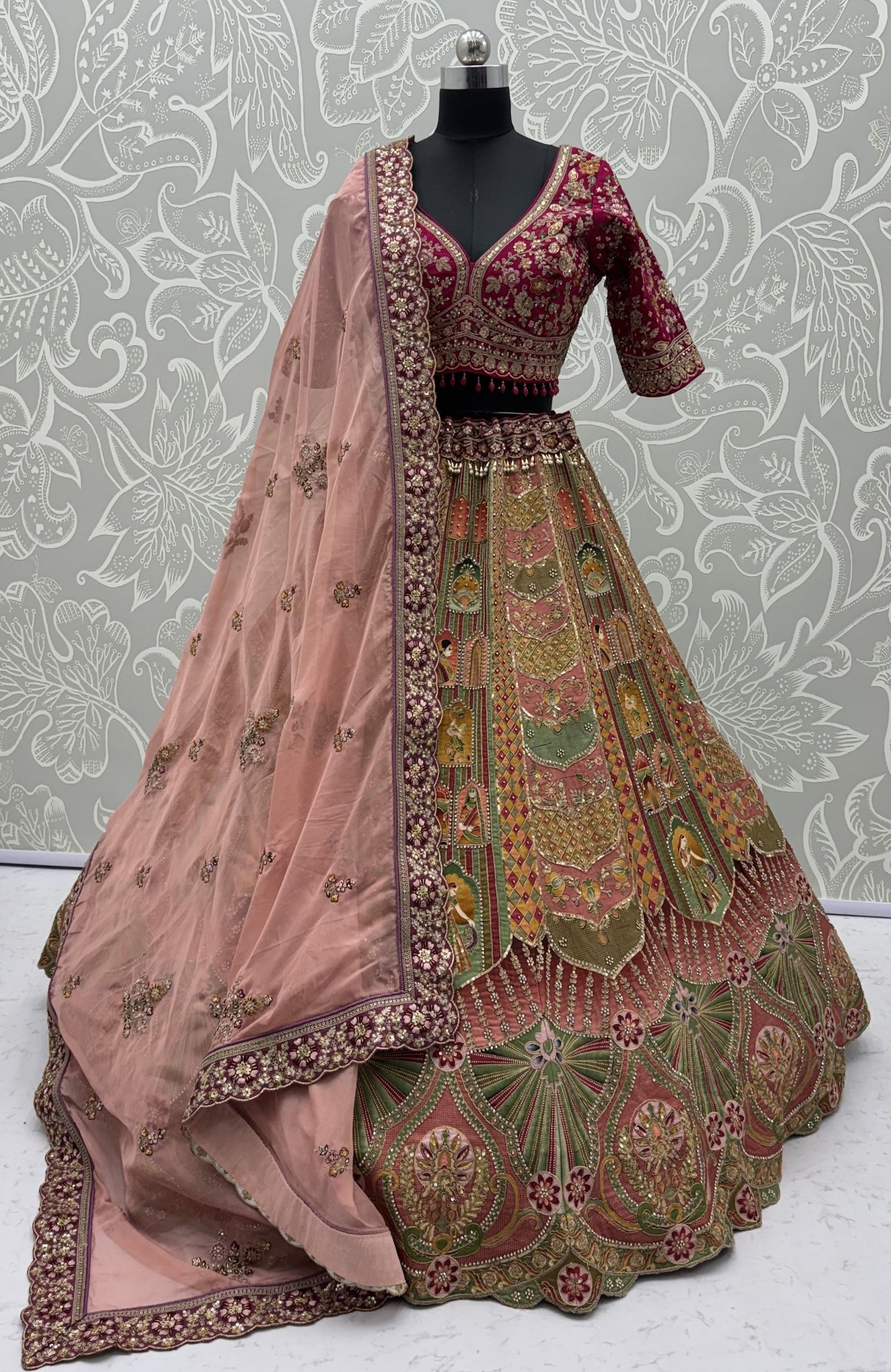 Multi Colour Pure Slub Silk Premium Dori Embroidery Sequins &amp; Diamond Work Bridal Lehenga Choli