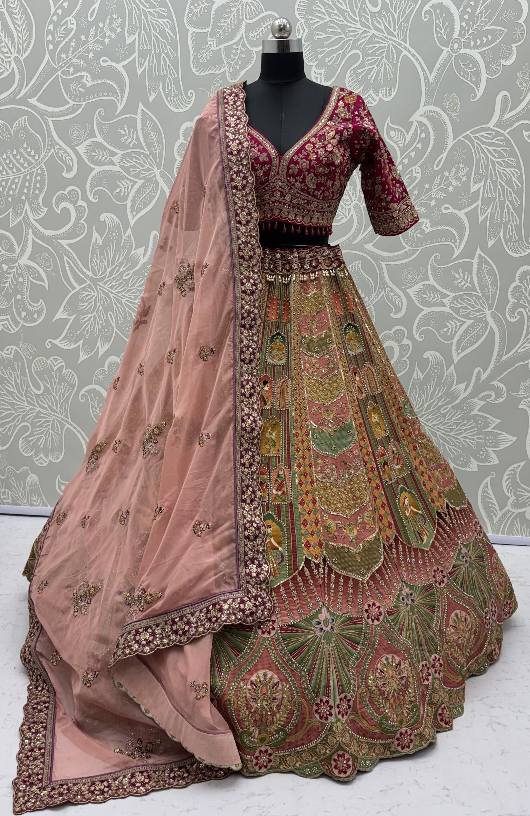 Multi Colour Pure Slub Silk Premium Dori Embroidery Sequins &amp; Diamond Work Bridal Lehenga Choli