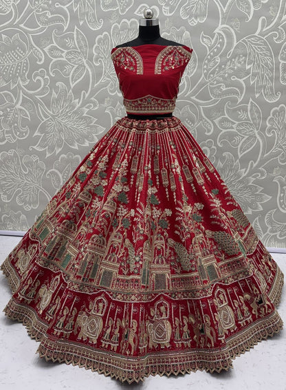 Red Pure Soft Silk Heavy Embroidery Work Bridal Lehenga
