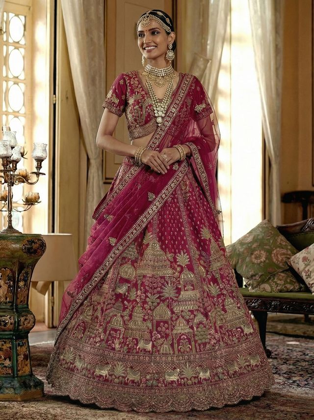 Pink Pure Soft Net Heavy Embroidery Work Bridal Lehenga