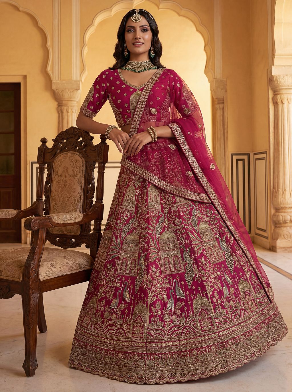 Pink Pure Soft Gadwal Silk Heavy Embroidery Work Bridal Lehenga 