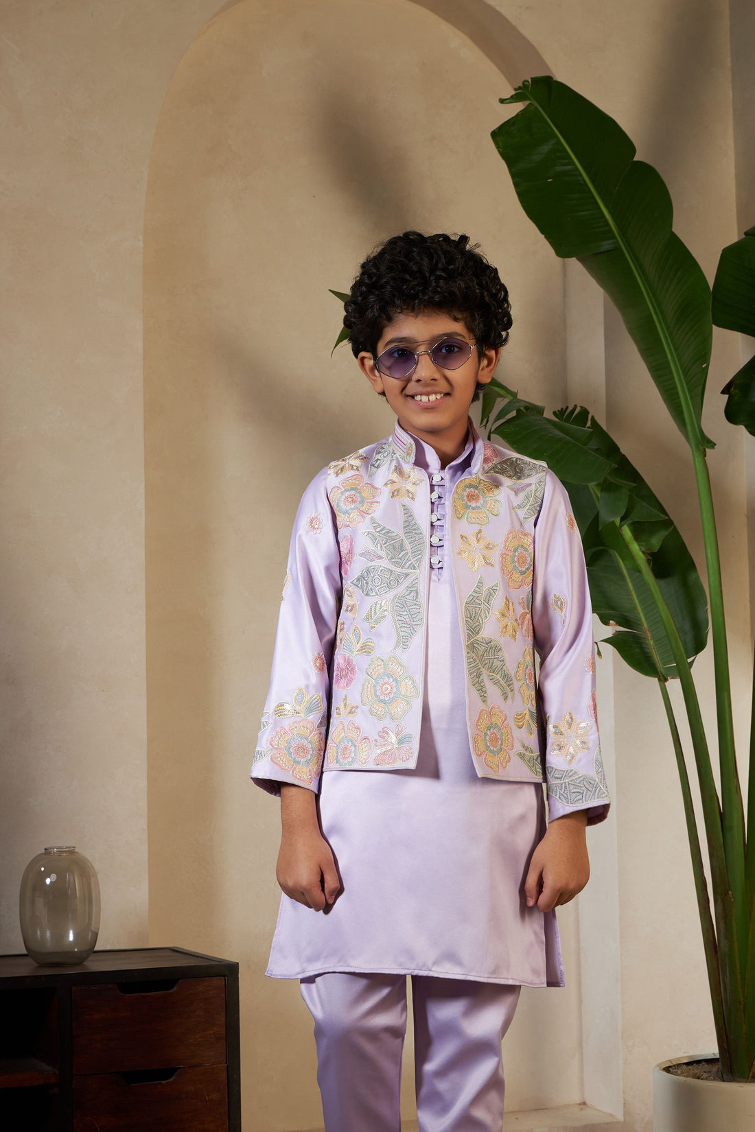 Lavender Pure Satin Silk Kids Boy Kurta Pajama With Koti Jacket 