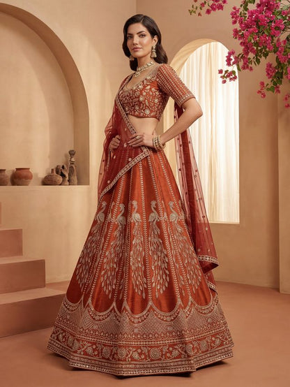 Orange Pure Soft Heavy Net Sequins Embroidery Work Bridal Lehenga Choli 