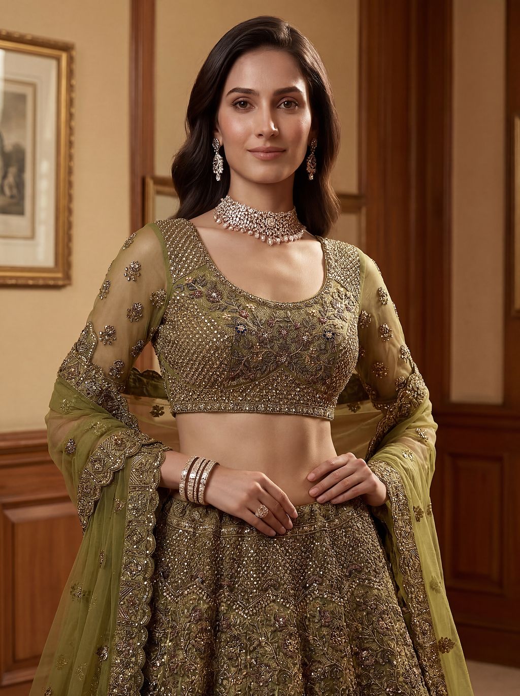 Pista Pure Soft Heavy Net Sequins Embroidery Work Bridal Lehenga 