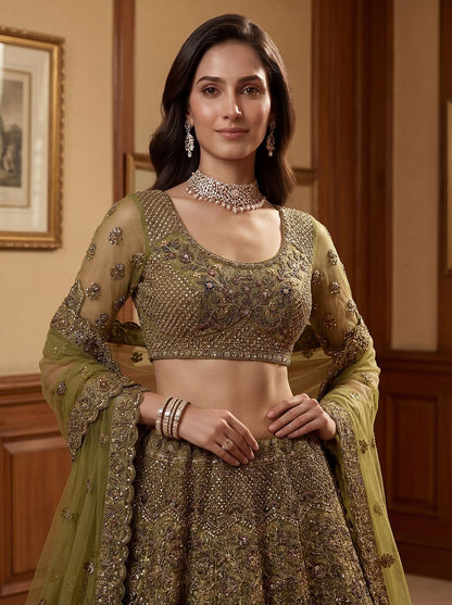 Pista Pure Soft Heavy Net Sequins Embroidery Work Bridal Lehenga 