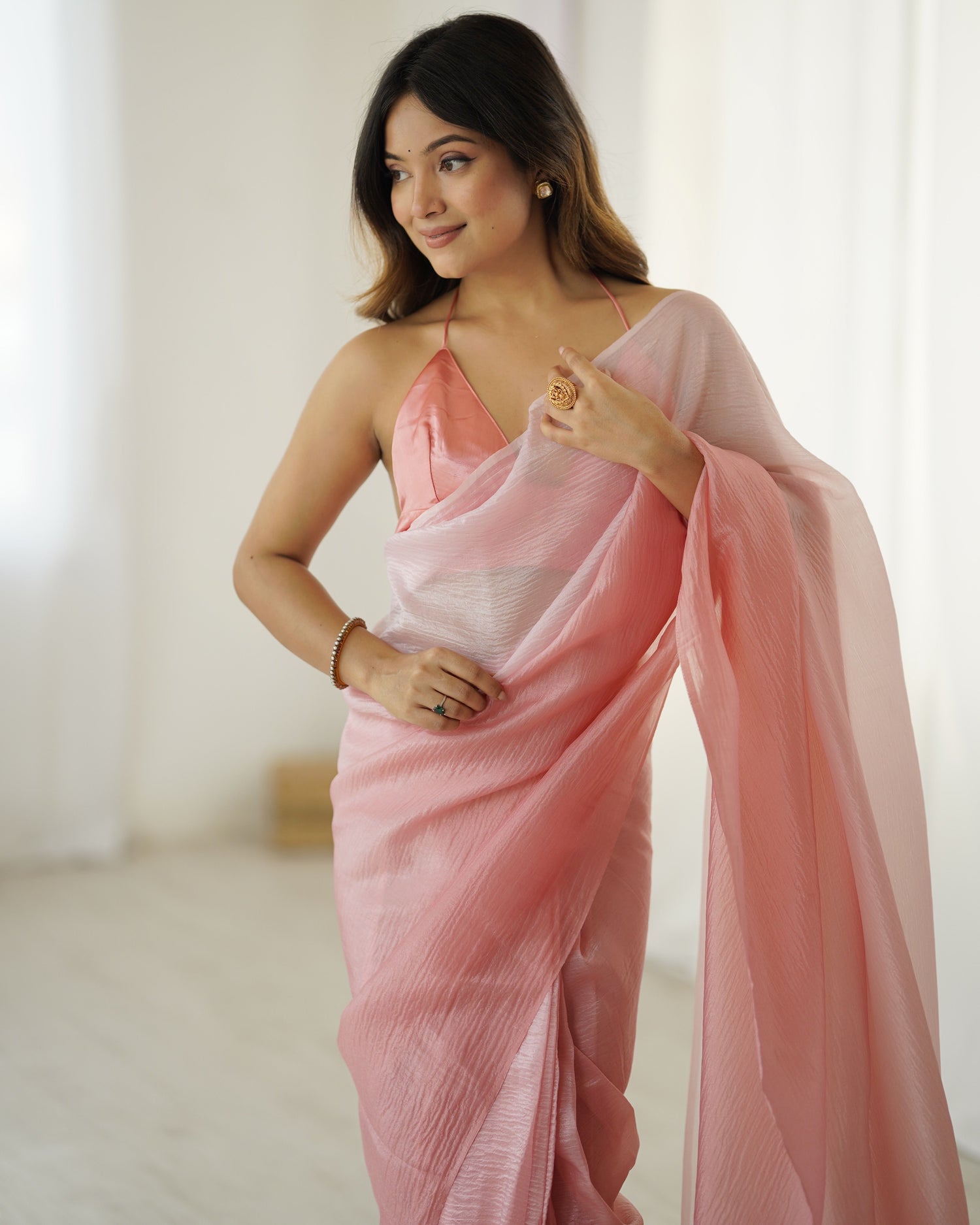 Pink shaded Pure Soft Candy Crush Silk Ready to Wear Saree 