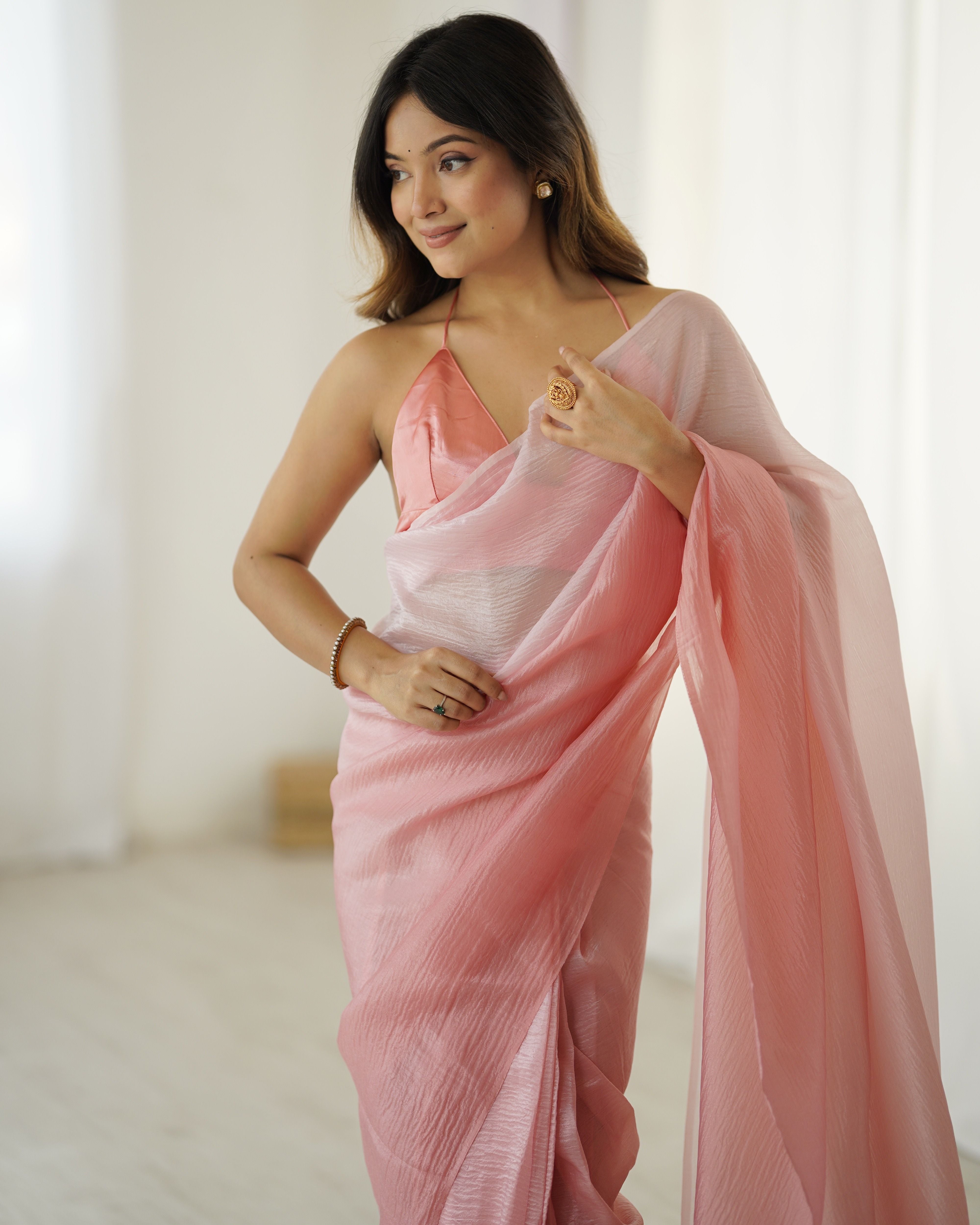Pink shaded Pure Soft Candy Crush Silk Ready to Wear Saree ##color## Ready to Wear Saree with premium fabric and embroidery
