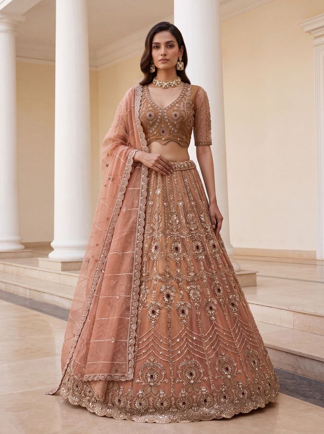 Peach Pure  Fendi Tussaud Silk Crystal Beads work Multi Thread Dori and Sequins Work Sequins Work Bridal Lehenga Choli