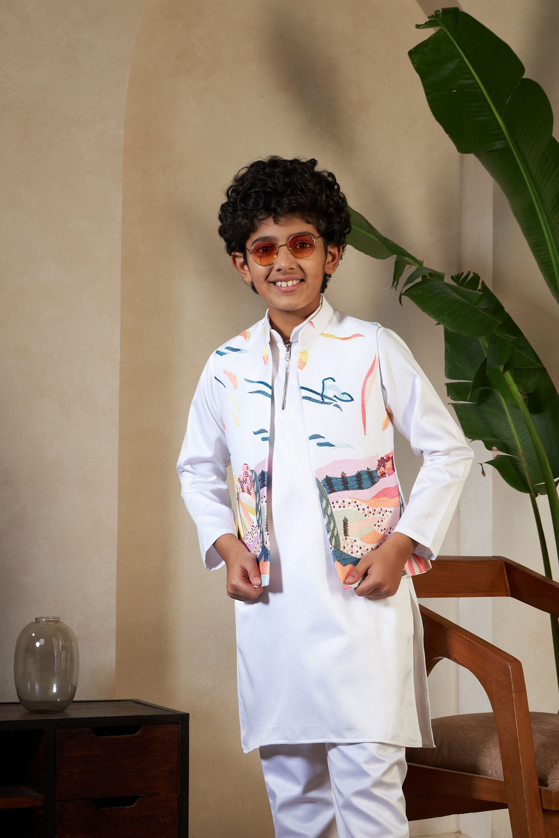 White Pure Satin Silk Kids Boy Kurta Pajama With Koti Jacket 