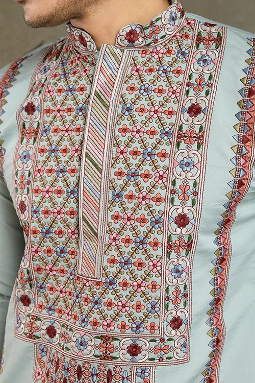 Men’s Sky Blue Embroidered Silk Kurta Pajama Set