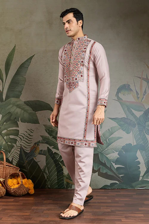 Dusty Pink Silk Embroidered Kurta Pajama for Men