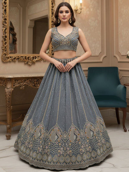 Stone Grey Pure Soft Gadhwal Silk Heavy Embroidery Work Bridal Lehenga