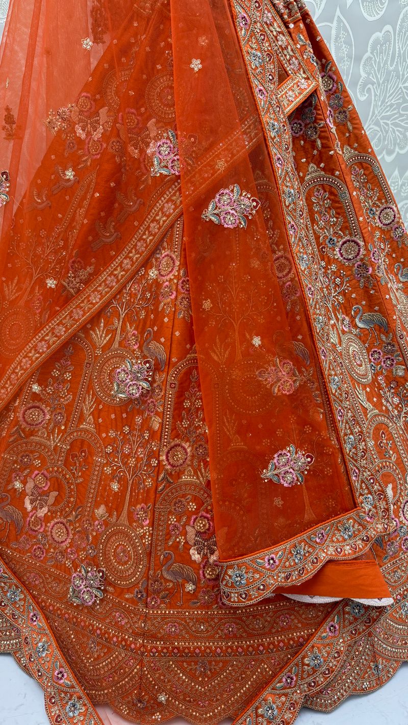 Orange Pure Soft Silk Heavy Embroidery Work Bridal Lehenga 