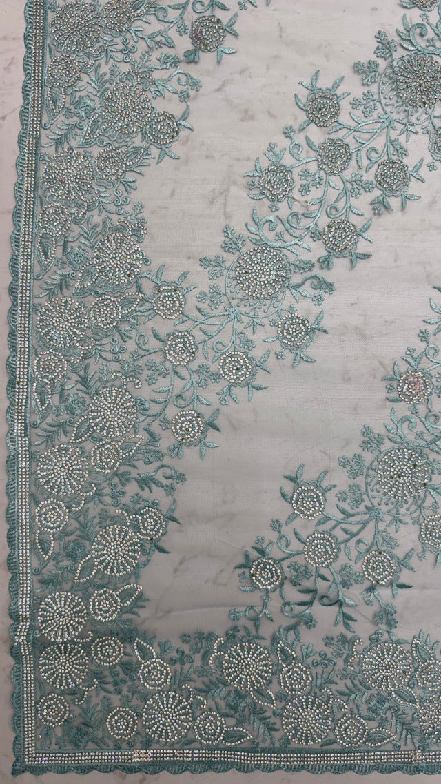 Sky Pure Premium Net Handwork Kasti &amp; Motif Zari Metallic Sequins Work Wedding Saree