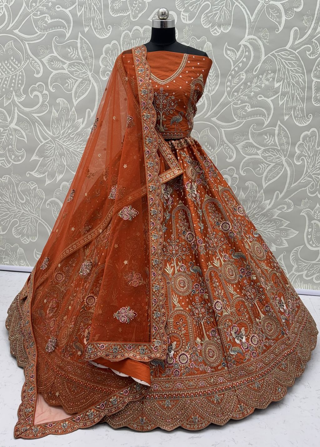 Orange Pure Soft Silk Heavy Embroidery Work Bridal Lehenga 