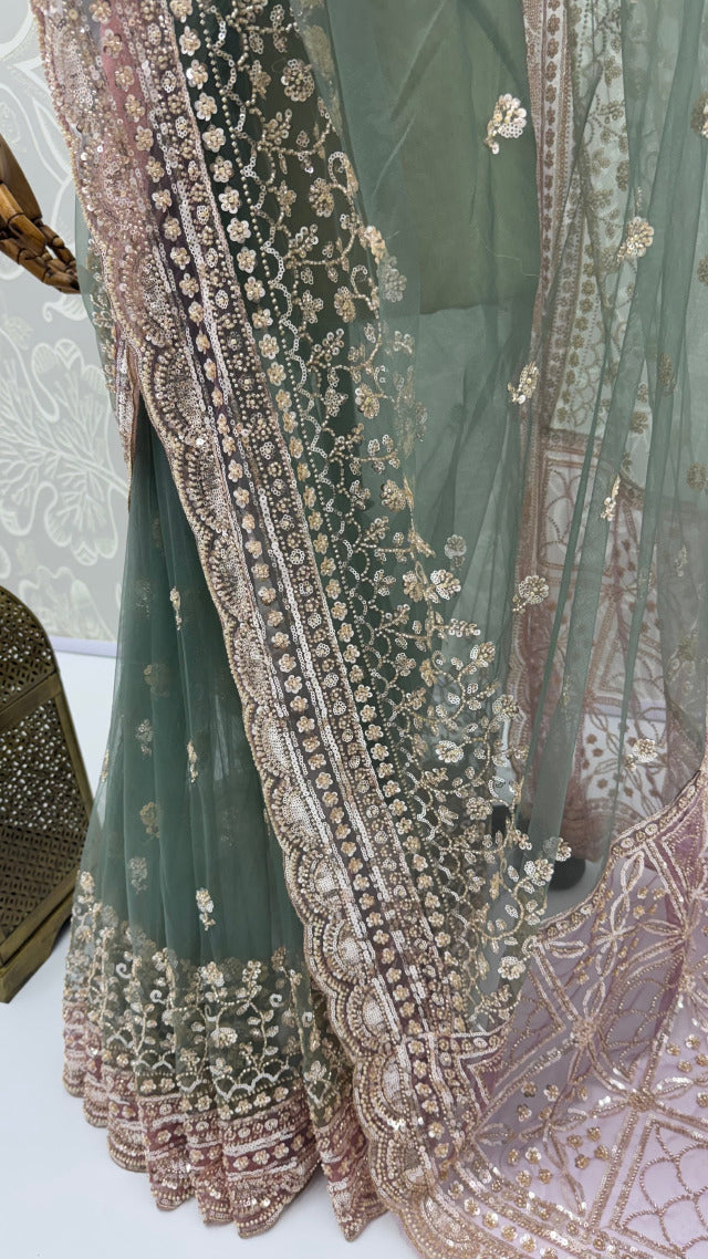 Green Pure Premium Net Handwork Kasti &amp; Motif Zari Metallic Sequins Work Wedding Saree