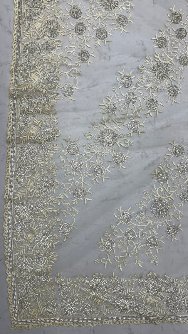 Cream Pure Premium Net Handwork Kasti &amp; Motif Zari Metallic Sequins Work Wedding Saree