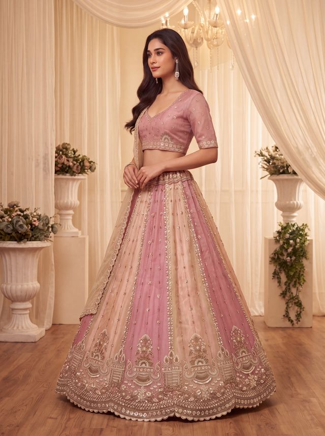 Multi Pure Soft Satin Silk Heavy Beads Motif Zari Embroidery Sequins Work Bridal Lehenga Choli
