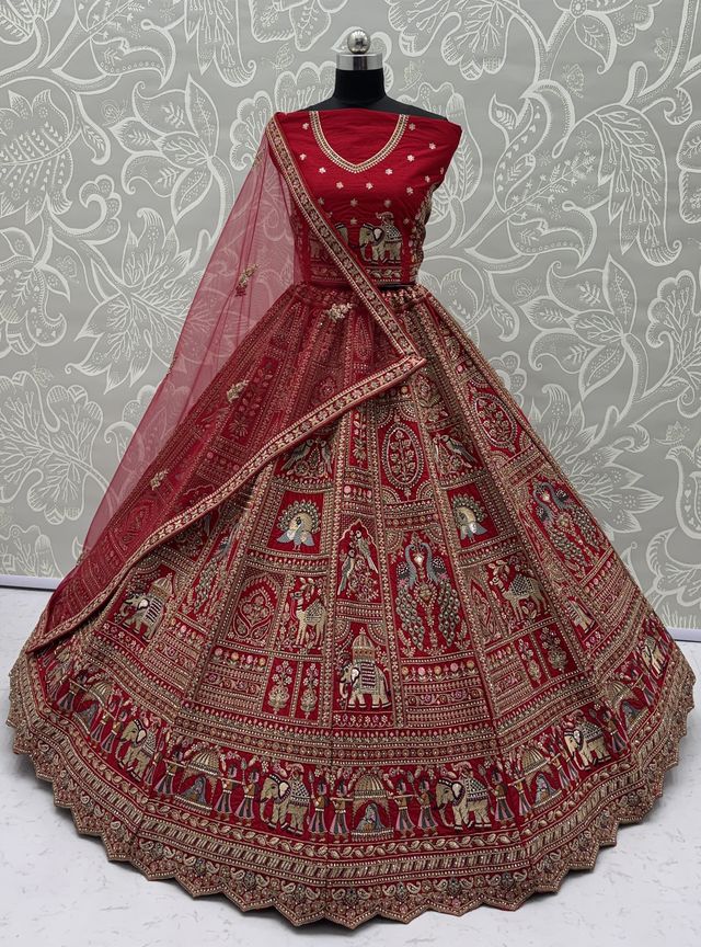 Red Pure Soft Gadwal Silk Heavy Embroidery Work Bridal Lehenga 