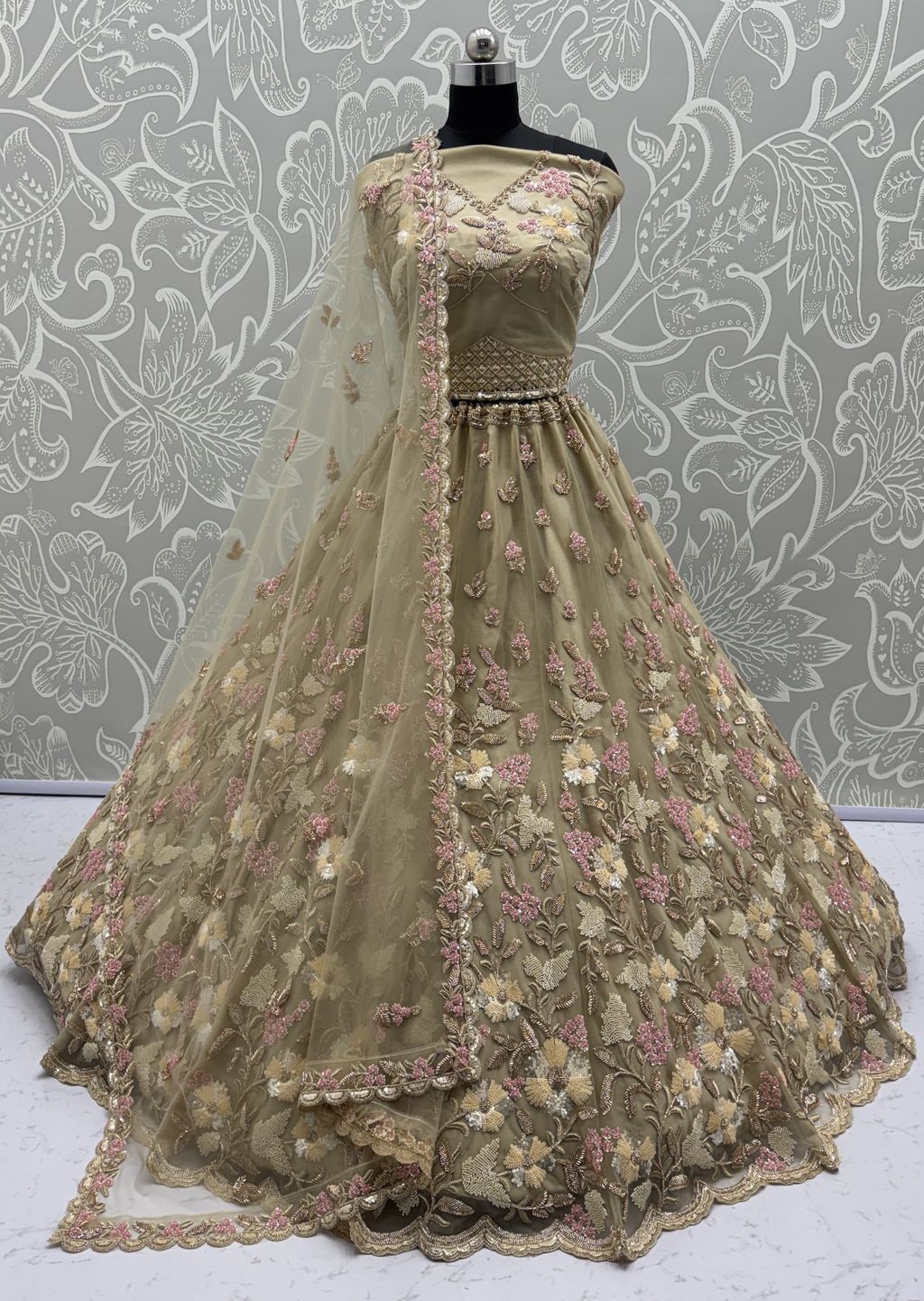 Golden Pure Soft Net Heavy Embroidery Work Bridal Lehenga