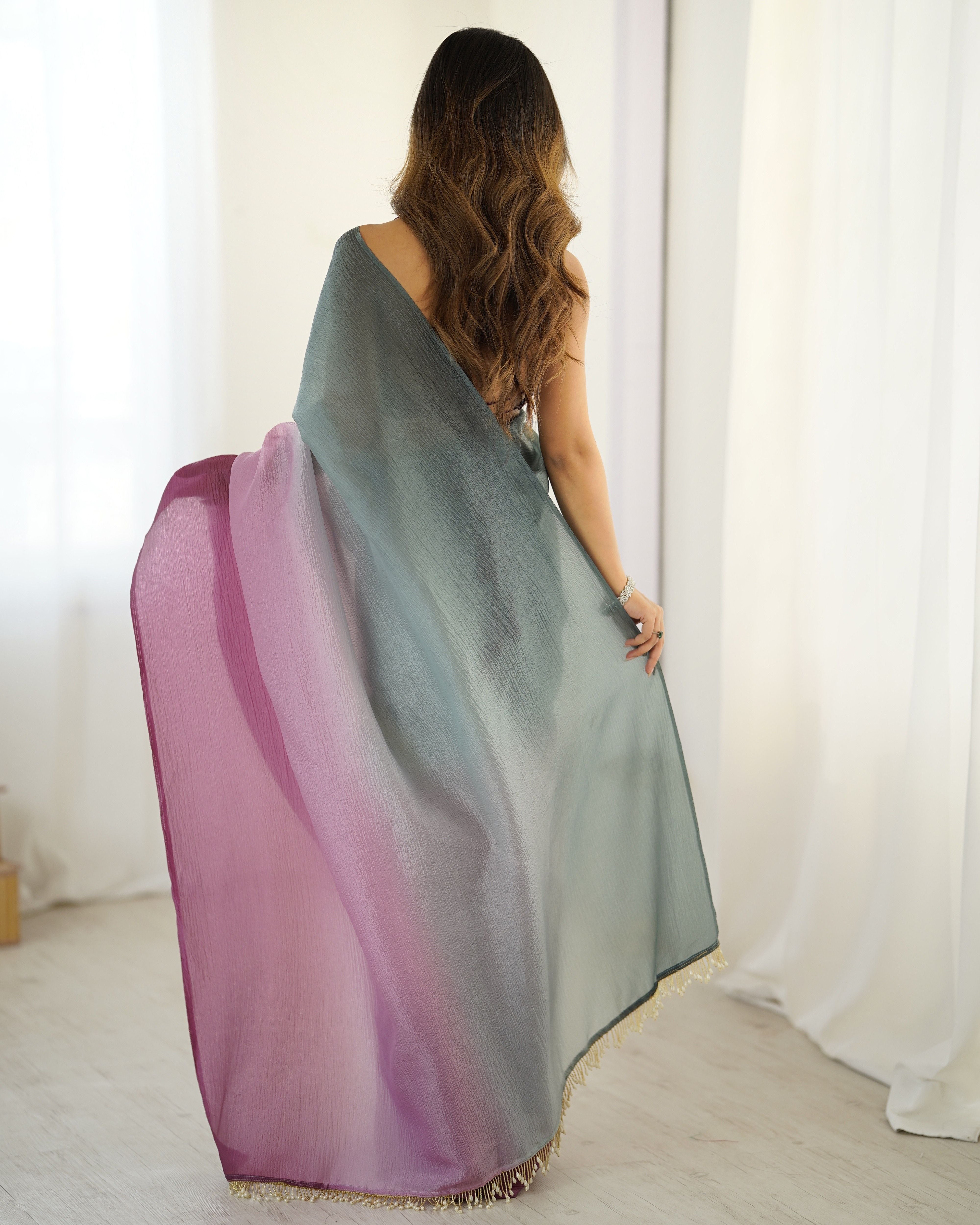 Grey shaded Pure Soft Candy Crush Silk Ready to Wear Saree ##color## Ready to Wear Saree with premium fabric and embroidery