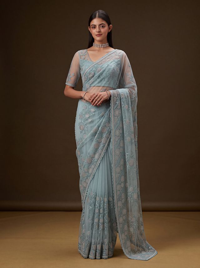 Sky Pure Premium Net Handwork Kasti &amp; Motif Zari Metallic Sequins Work Wedding Saree