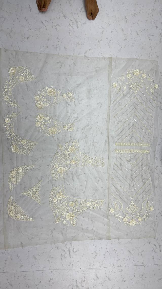 White Pure Premium Net Handwork Kasti &amp; Motif Zari Metallic Sequins Work Wedding Saree