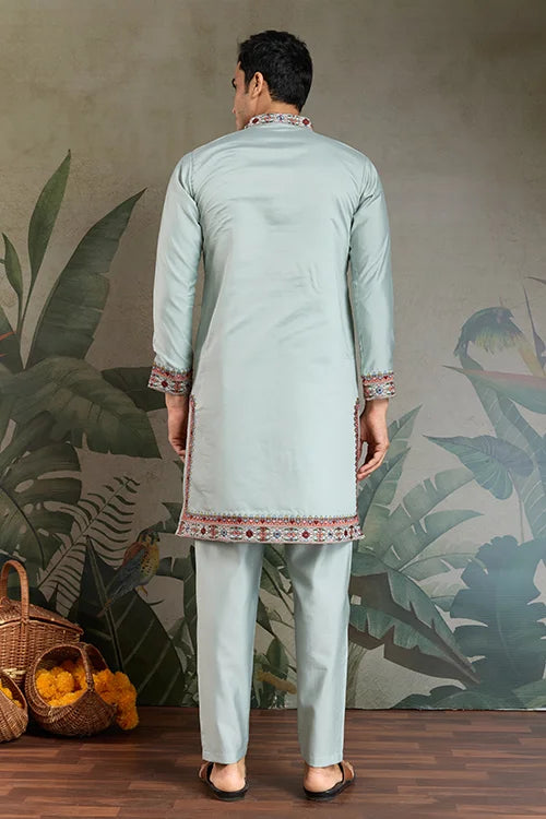 Men’s Sky Blue Embroidered Silk Kurta Pajama Set