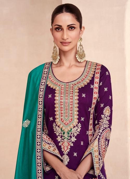 Beautiful Designer Wedding Wear Purple Premium Punjabi Plazzo Suit