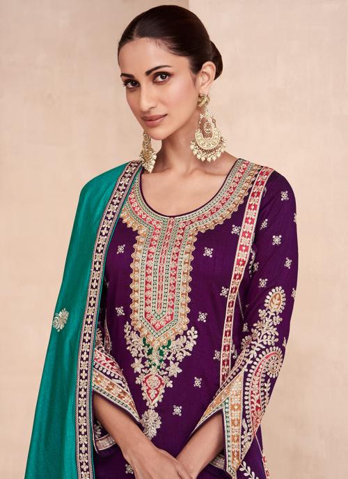 Beautiful Designer Wedding Wear Purple Premium Punjabi Plazzo Suit