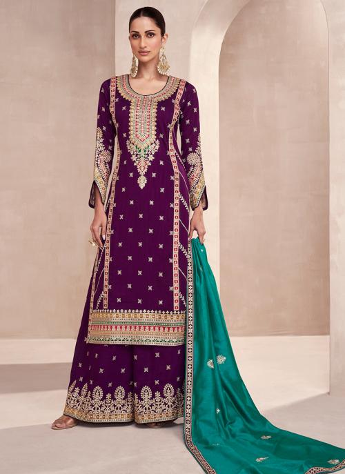 Beautiful Designer Wedding Wear Purple Premium Punjabi Plazzo Suit