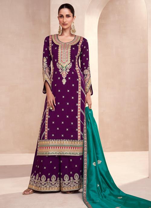 Beautiful Designer Wedding Wear Purple Premium Punjabi Plazzo Suit