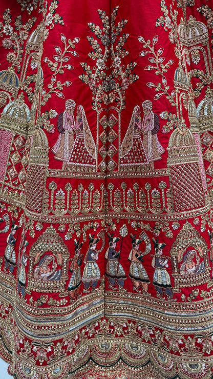 Red Pure Soft Gadwal Silk Heavy Embroidery Work Bridal Lehenga 