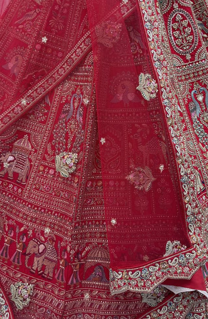 Red Pure Soft Gadwal Silk Heavy Embroidery Work Bridal Lehenga 