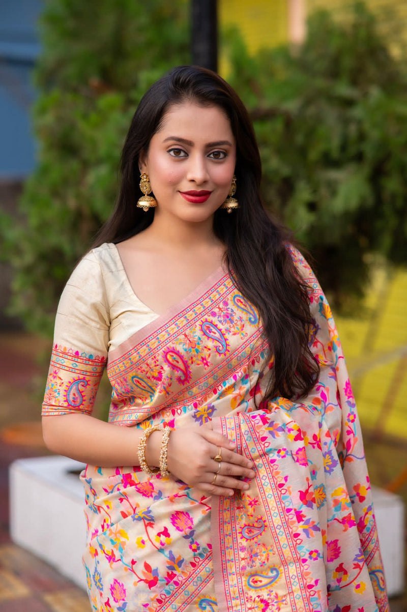 Cream Pure Soft Pashmina Kachi Work Saree