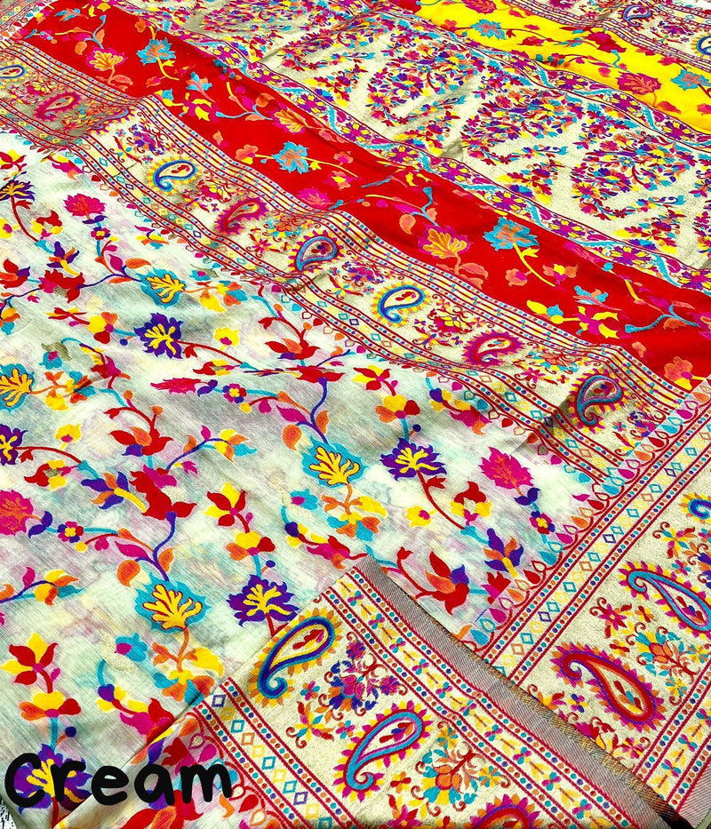 Cream Pure Soft Pashmina Kachi Work Saree