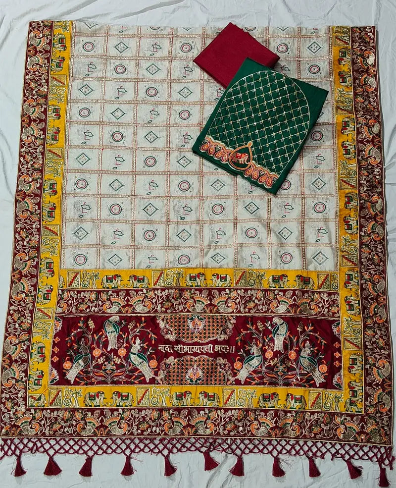 White Pure Soft Silk Heavy Embroidery Diamond Work Gharchola Panetar Saree