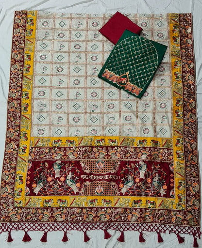 White Pure Soft Silk Heavy Embroidery Diamond Work Gharchola Panetar Saree
