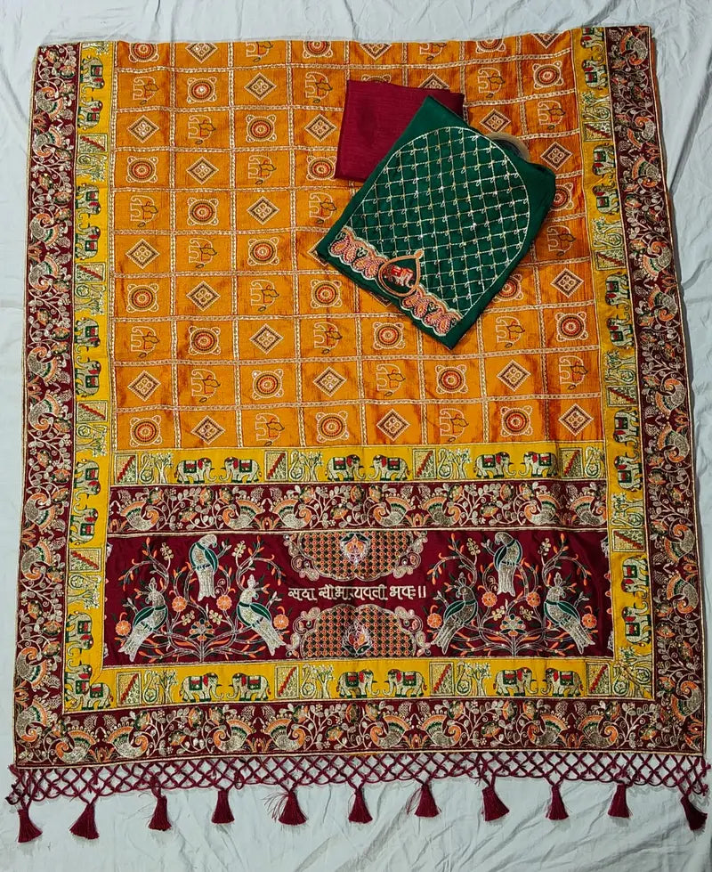 Yellow Pure Soft Silk Heavy Embroidery Diamond Work Gharchola Panetar Saree
