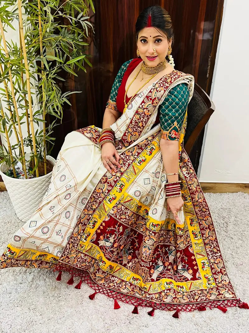 White Pure Soft Silk Heavy Embroidery Diamond Work Gharchola Panetar Saree