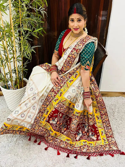 White Pure Soft Silk Heavy Embroidery Diamond Work Gharchola Panetar Saree