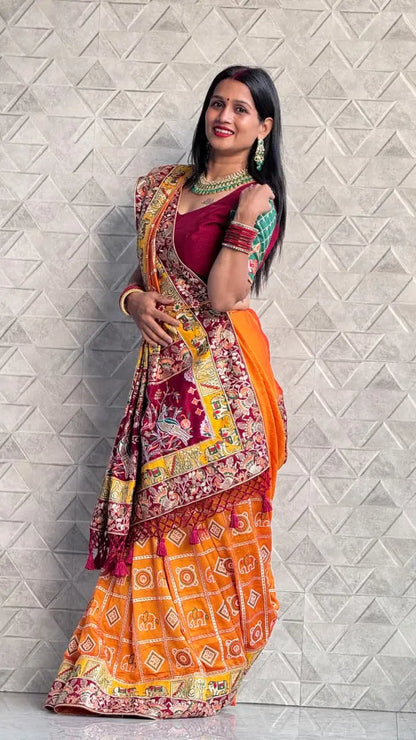 Yellow Pure Soft Silk Heavy Embroidery Diamond Work Gharchola Panetar Saree