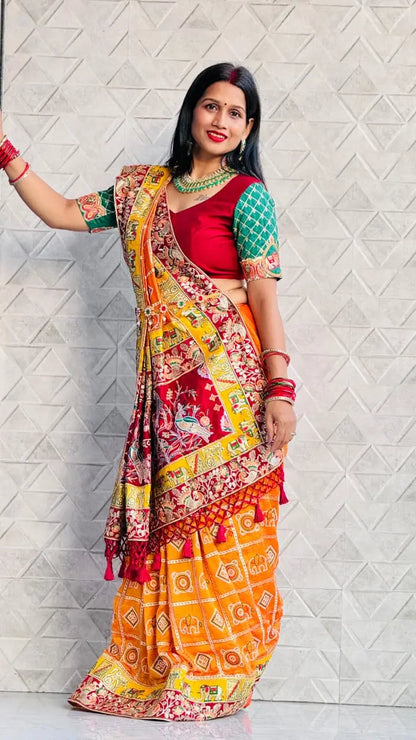 Yellow Pure Soft Silk Heavy Embroidery Diamond Work Gharchola Panetar Saree