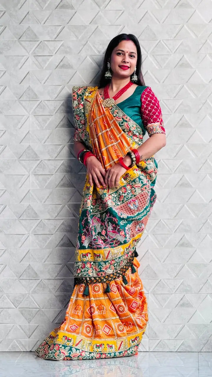 Yellow Pure Soft Silk Heavy Embroidery Diamond Work Gharchola Panetar Saree