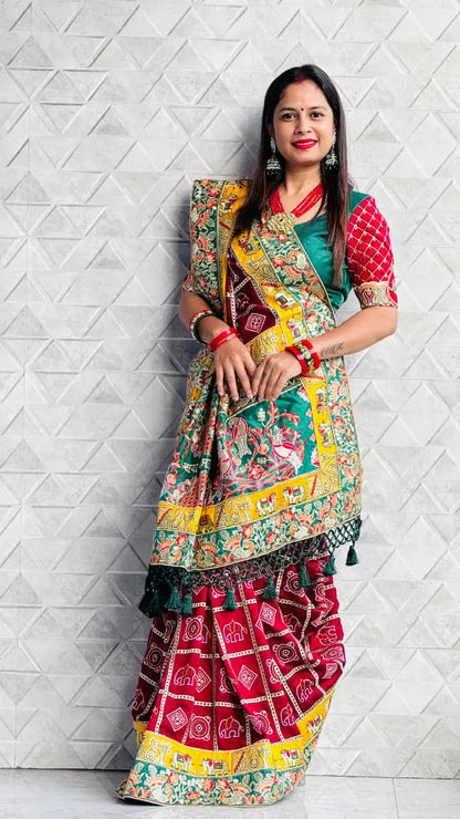 Red Pure Soft Silk Heavy Embroidery Diamond Work Gharchola Panetar Saree
