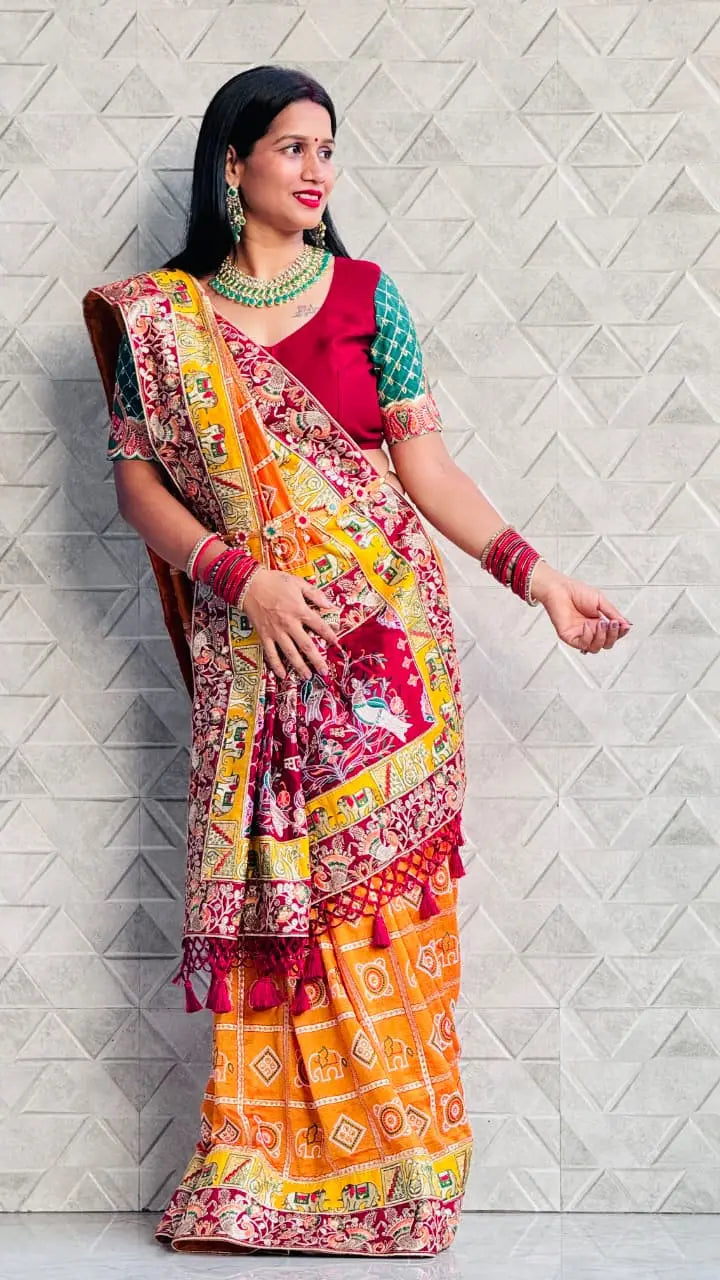 Yellow Pure Soft Silk Heavy Embroidery Diamond Work Gharchola Panetar Saree