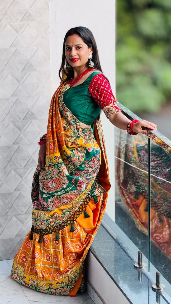 Yellow Pure Soft Silk Heavy Embroidery Diamond Work Gharchola Panetar Saree
