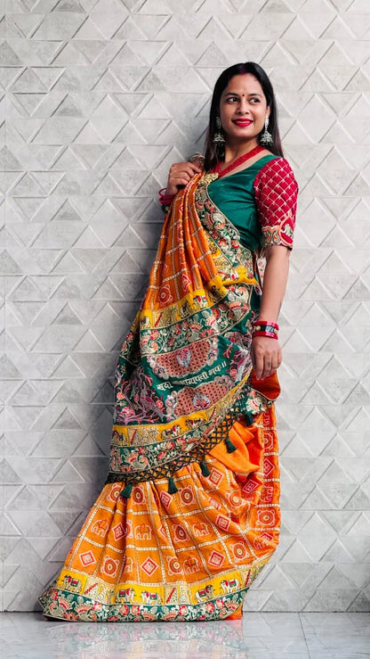 Yellow Pure Soft Silk Heavy Embroidery Diamond Work Gharchola Panetar Saree