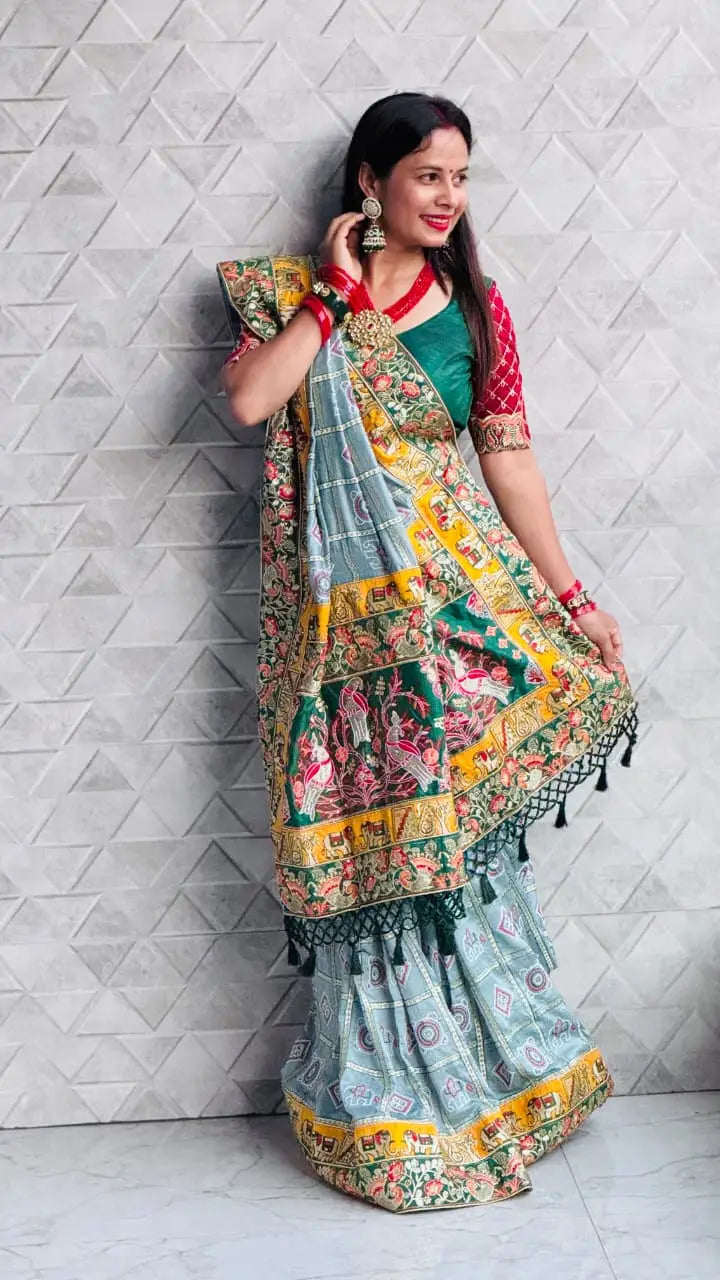 Grey Pure Soft Silk Heavy Embroidery Diamond Work Gharchola Panetar Saree